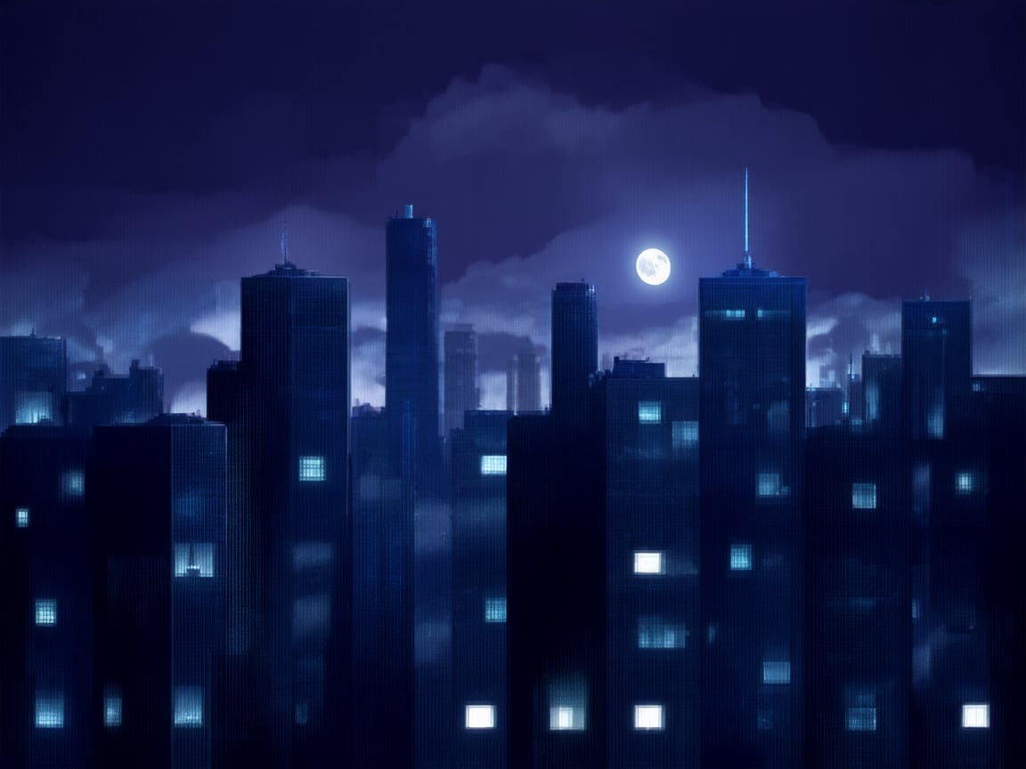 night, cloud lumened by city, bright moon, dark-gray-purple sky; sky scrapers square and rectangular skyscrapers with white frequent square windows, shades of skyscraper windows: dark blue, dark turquoise. The roofs of skyscrapers from dark squares or illuminated with a dim blue border,