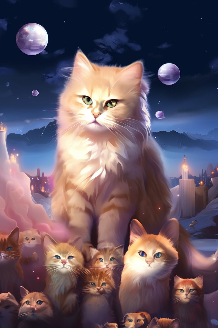 painting of A sky filled with a vibrant aurora borealis illuminating a city with grand columns while cats roam the streets and serpentine creatures swim in the oceans. Style of Cute cats and kittens with a mirror background. rosybrown, chocolate, sandybrown, darkred colors. 8K HD.