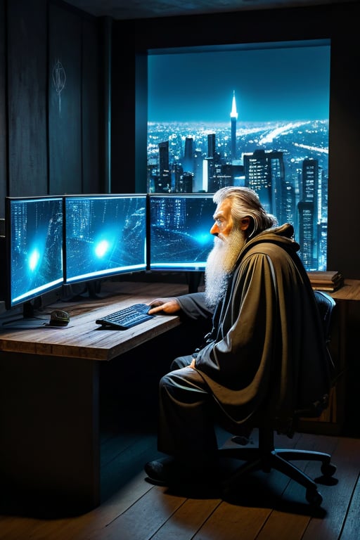 A homeless person who sits at a wooden table in front of a square black monitor and it generates images of a futuristic city, there is a dark system unit on the floor, he has long gray hair with a gray beard of about 55 years old, he is dressed in a dark brown wizard's cape, the environment is a typical homeless person's home, a semi-dump, in the open wall you can see a bright futuristic night city.