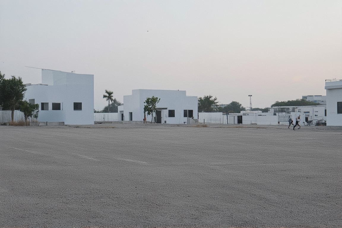 a huge empty asphalt square in the distance one can see massive but not tall rectangular white buildings with narrow black windows, nearby there are smaller rectangular buildings made of brick with square windows and a concrete canopy on the roof, next to them there are not tall trees, a white rectangular building with white edging and large windows, near the buildings you can also see small brick extensions without windows, just in the distance and as if in miniature you can see rectangular buildings with wide large rectangular black windows and white buildings lower but wide with very small black square windows, next to different rare trees are visible behind the buildings, behind all the buildings the yellow sun rises, but it does not dazzle and seems to be in a haze, but all this is as if in the distance and creates the opportunity to examine it all as a whole, and the viewer stands in the middle of perfectly smooth asphalt