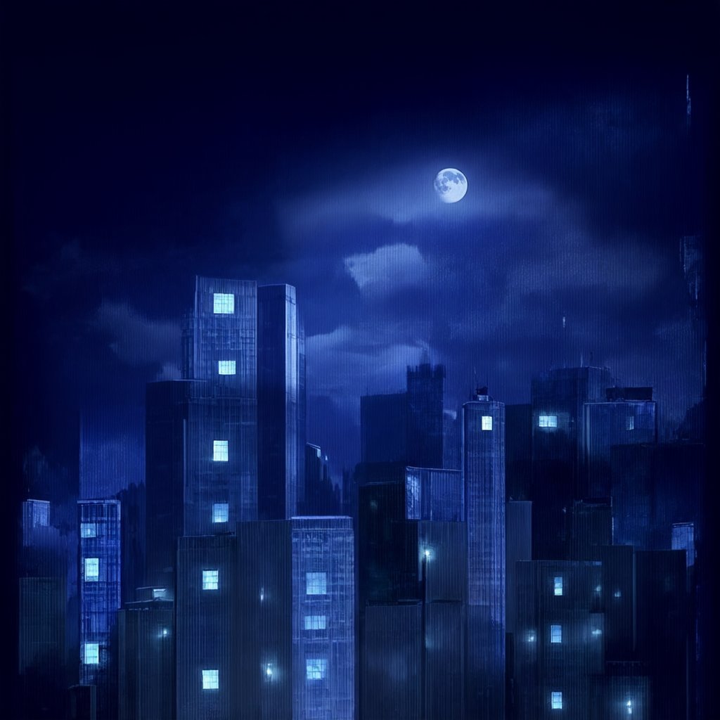 night, cloud lumened by city, bright moon, dark-gray-purple sky; sky scrapers square and rectangular skyscrapers with white frequent square windows, shades of skyscraper windows: dark blue, dark turquoise. The roofs of skyscrapers from dark squares or illuminated with a dim blue border,