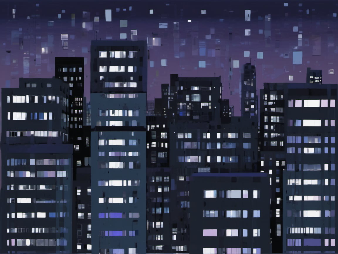 night, cloud lumened by city, bright moon, dark-gray-purple sky; sky scrapers square and rectangular skyscrapers with white frequent square windows, shades of skyscraper windows: dark blue, dark turquoise. The roofs of skyscrapers from dark squares or illuminated with a dim blue border,