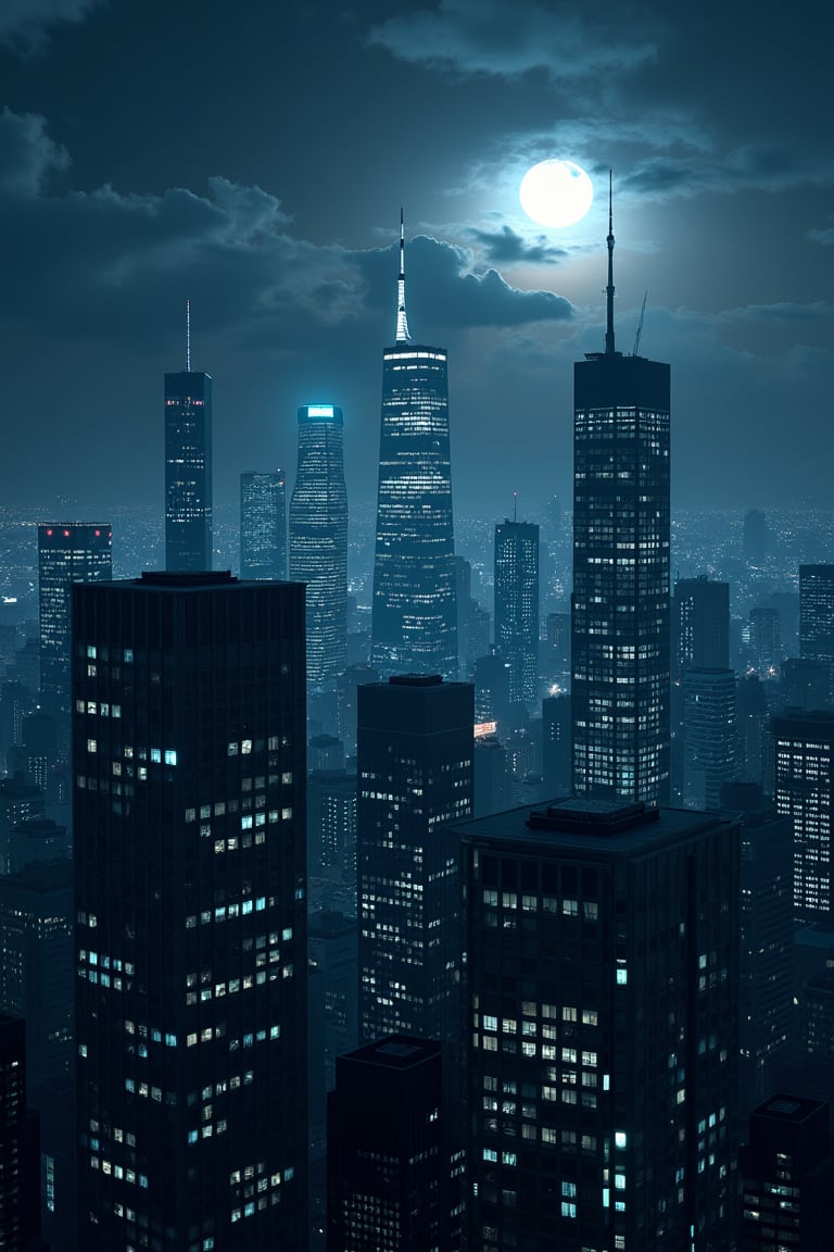 night, cloud lumened by city, bright moon, dark-gray-purple sky; sky scrapers square and rectangular skyscrapers with white frequent square windows, shades of skyscraper windows: dark blue, dark turquoise. The roofs of skyscrapers from dark squares or illuminated with a dim blue border,