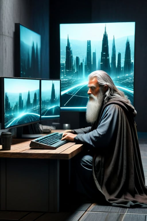 A homeless person who sits at a wooden table in front of a square black monitor and it generates images of a futuristic city, there is a dark system unit on the floor, he has long gray hair with a gray beard of about 55 years old, he is dressed in a dark brown wizard's cape, the environment is a typical homeless person's home, a semi-dump, in the open wall you can see a bright futuristic night city.