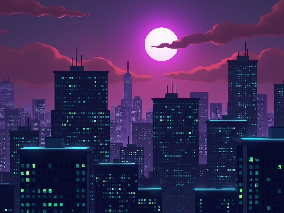 dark orange clouds illuminated by the city, purple sky, bright white moon with violet oreola, square and rectangular skyscrapers with white frequent square windows, shades of skyscraper windows light green, blue, dark blue, dark turquoise. The roofs of skyscrapers from dark squares to squares are illuminated with a dim blue square border, some skyscrapers are topped with diodes.