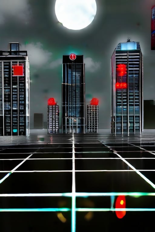 a group of gold square-shaped ornaments on black ground surrounded by gray lines, and gray ornaments with rectangular lines; light bluish gray-light skyscrapers, sometimes with a light greenish tint, with frequent square windows, above two skyscrapers there is a red diode warning aircraft; with a dark gray sky and a clear gray sky illuminated by a bright white-blue moon,