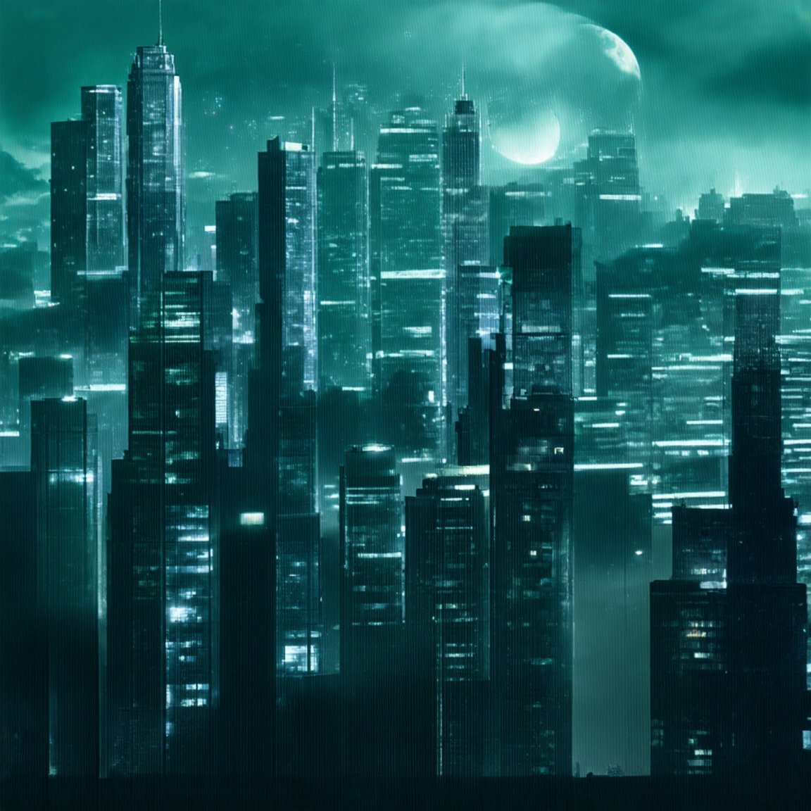 night, cloud lumened by city, bright moon, dark-green sky; sky scrapers square and rectangular skyscrapers with white frequent square windows, shades of skyscraper windows: dark green, dark turquoise. The roofs of skyscrapers from dark squares or illuminated with a dim blue border,