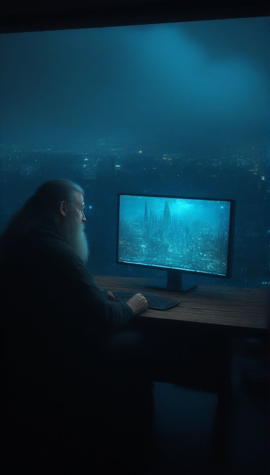 A homeless person who sits at a wooden table in front of a square black monitor and it generates images of a futuristic city, there is a dark system unit on the floor, he has long gray hair with a gray beard of about 55 years old, he is dressed in a dark brown wizard's cape, the environment is a typical homeless person's home, a semi-dump, in the open wall you can see a bright futuristic night city.