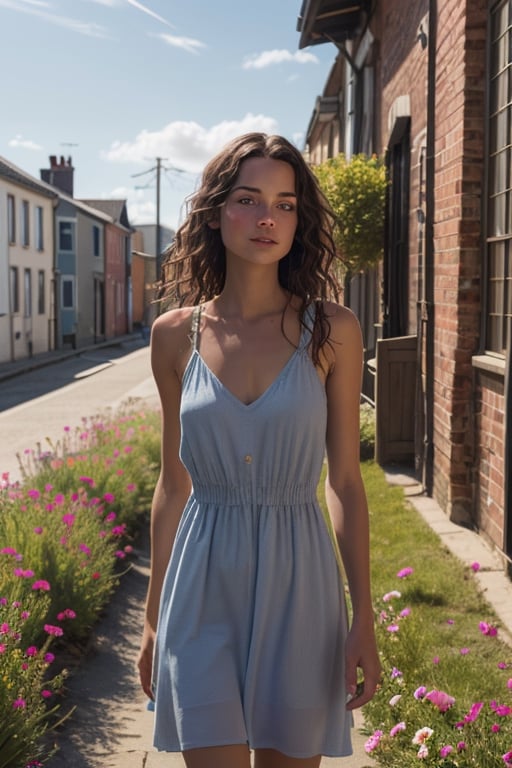 summer, a girl in a light dress with loose hair, linden alley, gentle morning sun, light breeze, blue sky, flowers, photo realism,photorealistic,realism,realistic