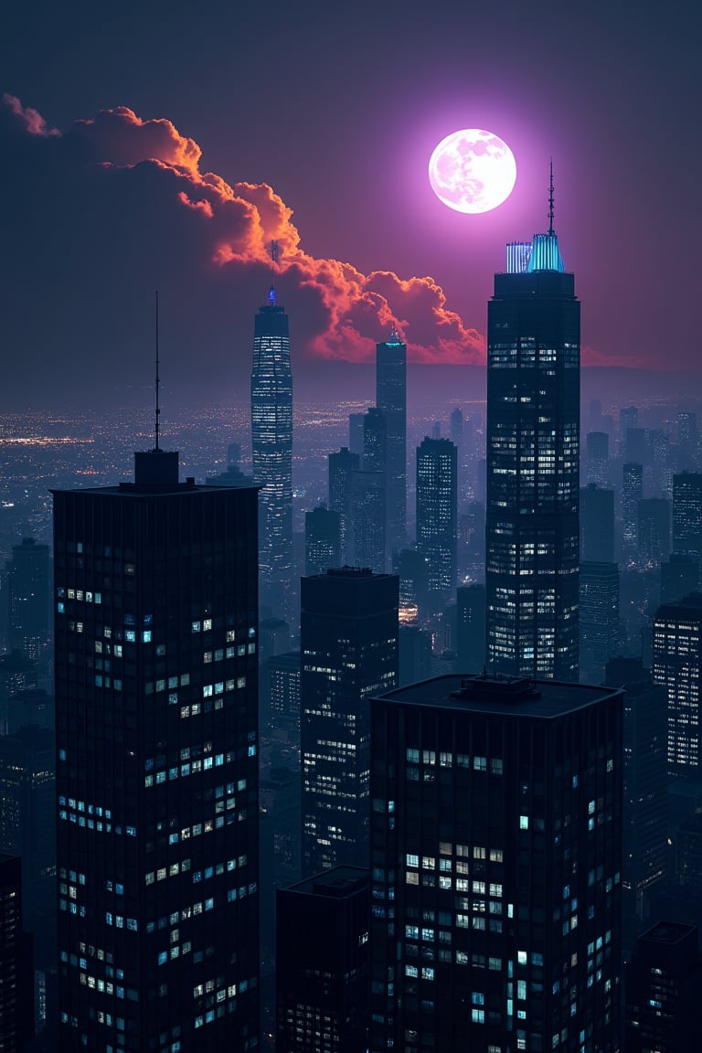 night, dark-orange cloud lumened by city, bright white moon with violet oreola, dark-gray-purple sky; sky scrapers square and rectangular skyscrapers with white frequent square windows, shades of skyscraper windows: dark blue, dark turquoise. The roofs of skyscrapers from dark squares or illuminated with a dim blue border,