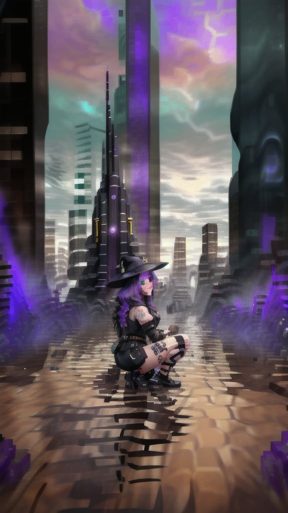 wanderer, best quality, masterpiece, (detailed:1.2), 1girl, mona, squatting, cutesie, witch hat, science fiction, cyberpunk, purple hair, chromatic aberration, outdoors, city, crowd, faceless crowd","wallpaper, 1boy, solo, male focus, tattoo, monochrome, cyberpunk, (chromatic aberration), detailed background, mechanical parts, cable, indoors,pixel art,yunjindef