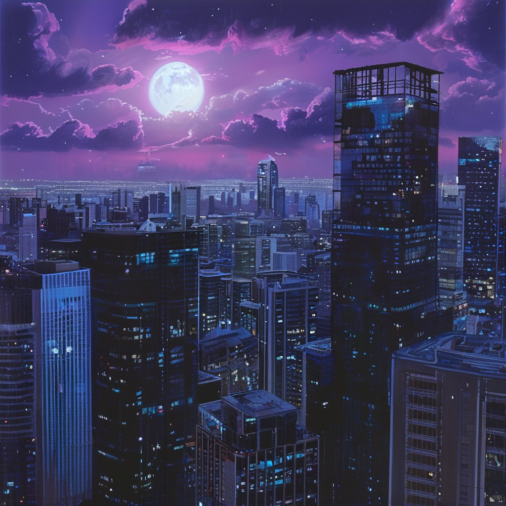 night, cloud lumened by city, bright moon, dark-gray-purple sky; sky scrapers square and rectangular skyscrapers with white frequent square windows, shades of skyscraper windows: dark blue, dark turquoise. The roofs of skyscrapers from dark squares or illuminated with a dim blue border,