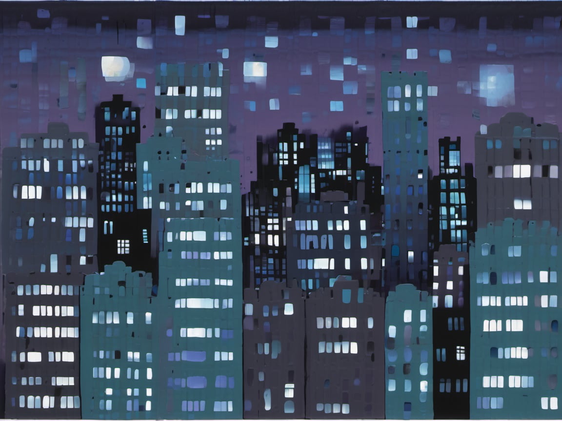 night, cloud lumened by city, bright moon, dark-gray-purple sky; sky scrapers square and rectangular skyscrapers with white frequent square windows, shades of skyscraper windows: dark blue, dark turquoise. The roofs of skyscrapers from dark squares or illuminated with a dim blue border,