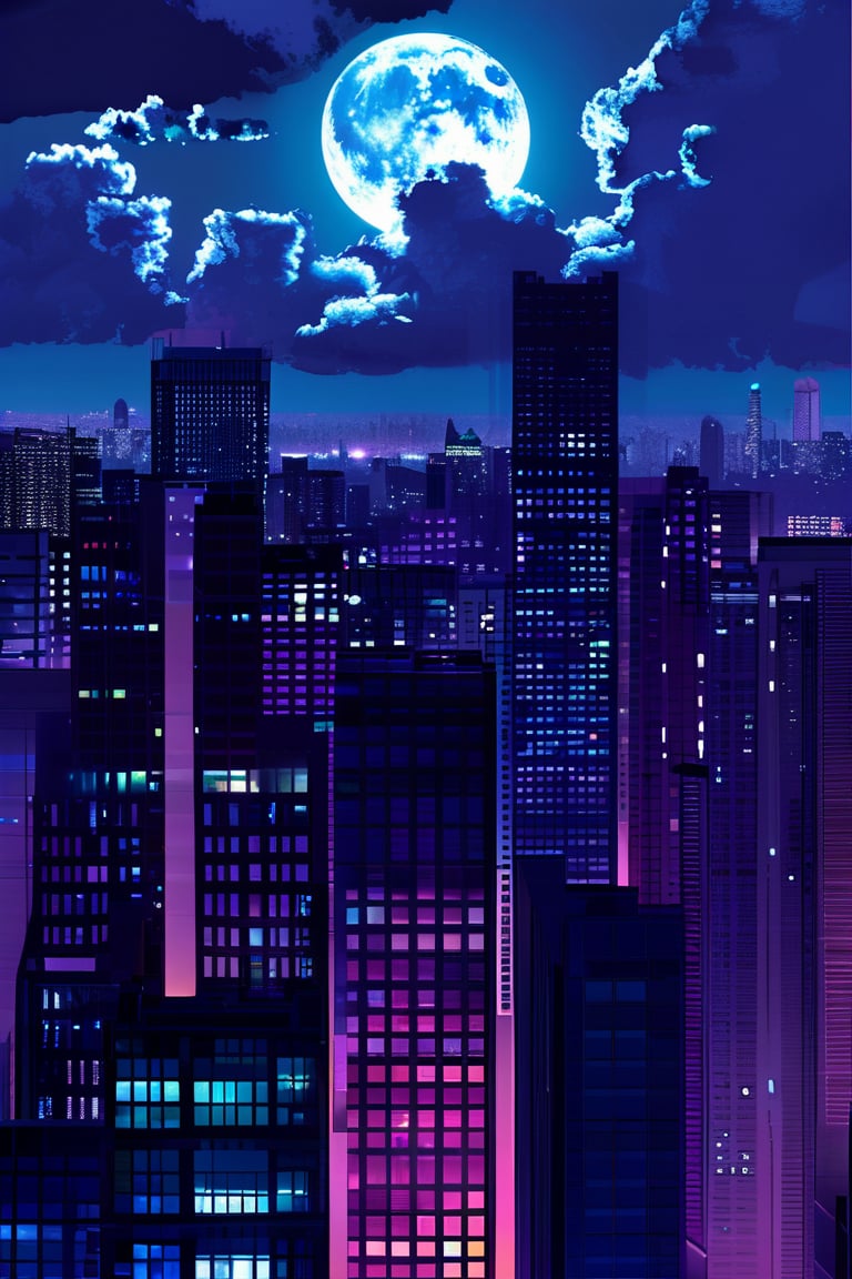 night, cloud lumened by city, bright moon, dark-gray-purple sky; sky scrapers square and rectangular skyscrapers with white frequent square windows, shades of skyscraper windows: dark blue, dark turquoise. The roofs of skyscrapers from dark squares or illuminated with a dim blue border,