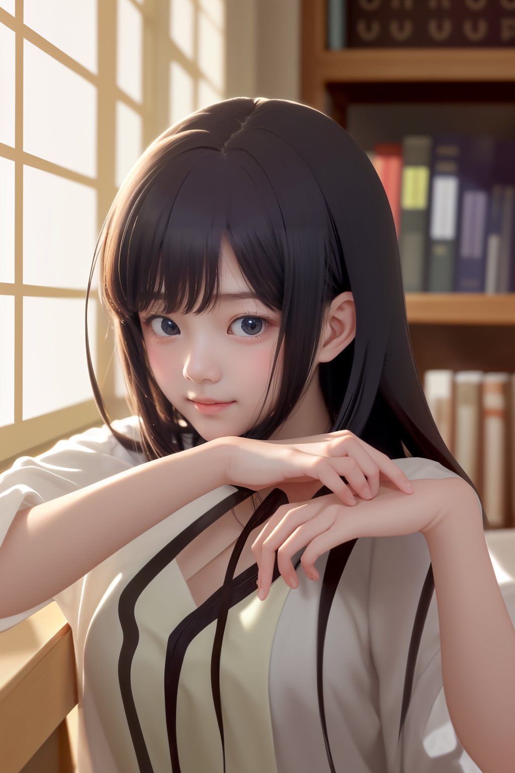 This image showcases the anime girl with bangs and medium-long hair in a school library, bathed in the light of the sun that creates a fusion of morning clarity and sunset charm. The atmosphere is timeless, suggesting that this beautiful day has stepped out of the regular flow of time and feels like it will last forever.