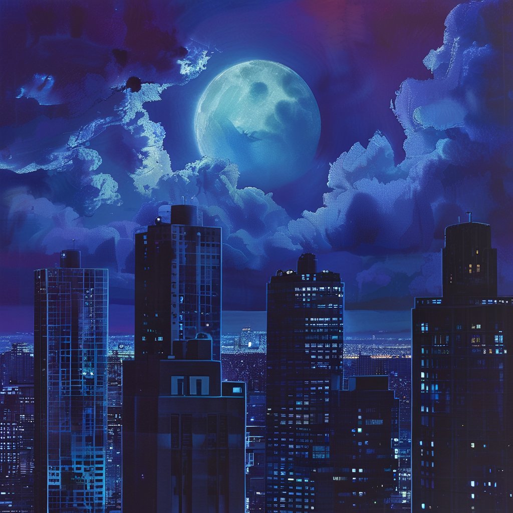 night, cloud lumened by city, bright moon, dark-gray-purple sky; sky scrapers square and rectangular skyscrapers with white frequent square windows, shades of skyscraper windows: dark blue, dark turquoise. The roofs of skyscrapers from dark squares or illuminated with a dim blue border,