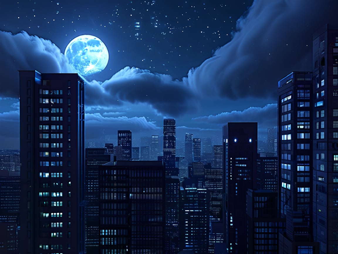 night, dark muted pale cloud lumened by bright moon, skyscrapers with white frequent square windows; shades of skyscraper windows: light blue, The roofs of skyscrapers are dark squares or illuminated with a dim blue border, far focus, twinkling windows and stars, brilliant coloring, crispy quality, vray; Pixar, ; HD, HDR, SF, CGSociety, 16k, photorealistic, unreal engine