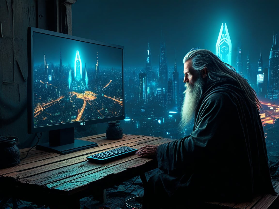 A homeless person who sits at a wooden table in front of a square black monitor and it generates images of a futuristic city, there is a dark system unit on the floor, he has long gray hair with a gray beard of about 55 years old, he is dressed in a dark brown wizard's cape, the environment is a typical homeless person's home, a semi-dump, in the open wall you can see a bright futuristic night city.