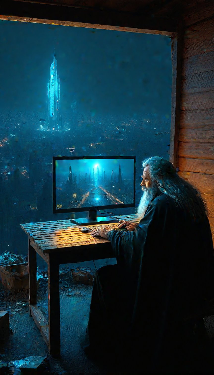 A homeless person who sits at a wooden table in front of a square black monitor and it generates images of a futuristic city, there is a dark system unit on the floor, he has long gray hair with a gray beard of about 55 years old, he is dressed in a dark brown wizard's cape, the environment is a typical homeless person's home, a semi-dump, in the open wall you can see a bright futuristic night city.