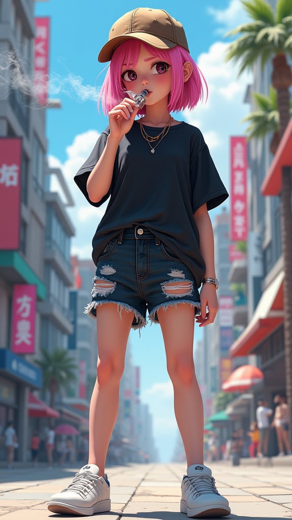 girl with pink shoulder-length hair in a brown cap smoking a vape dressed in denim short black shorts with torn ends and a black T-shirt on her white sneakers, around a futuristic city