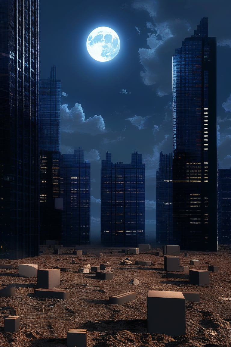 night, dark blue sky with blurry white clouds, full moon, black rectangular skyscrapers with small windows in which white light is visible, metal superstructures are visible at the tops of skyscrapers, brown cubes and a few gray cubes are visible at the base of skyscrapers, the earth is brown mud or clay