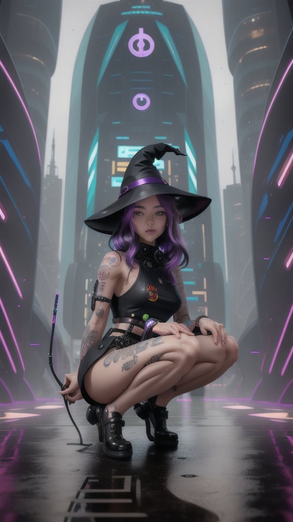 best quality, masterpiece, (detailed:1.2), 1girl, mona, squatting, cutesie, witch hat, science fiction, cyberpunk, purple hair, chromatic aberration, outdoors, city, crowd, faceless crowd","wallpaper, 1boy, solo, male focus, tattoo, monochrome, cyberpunk, (chromatic aberration), detailed background, mechanical parts, cable, indoors,pixel art,yunjindef