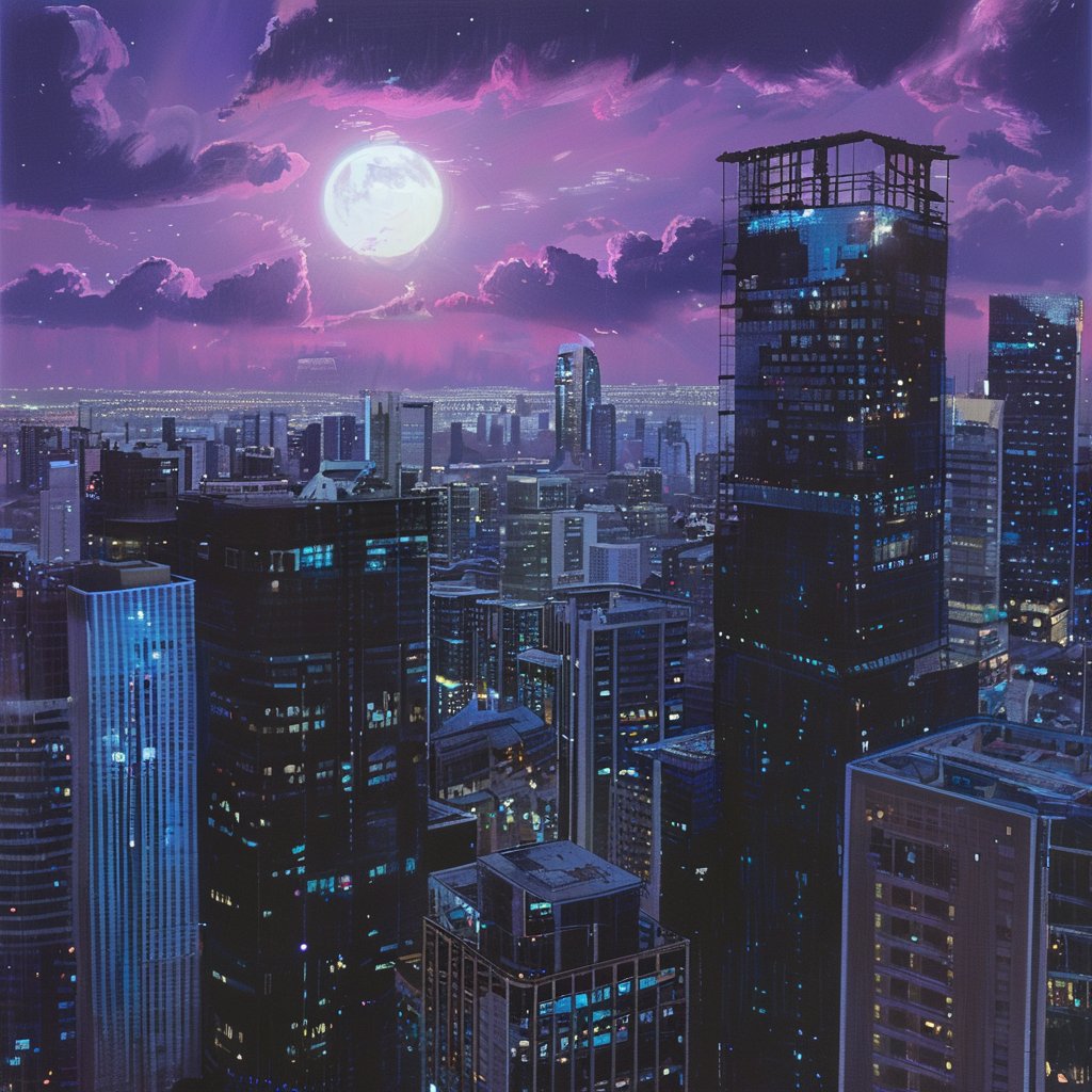 night, cloud lumened by city, bright moon, dark-gray-purple sky; sky scrapers square and rectangular skyscrapers with white frequent square windows, shades of skyscraper windows: dark blue, dark turquoise. The roofs of skyscrapers from dark squares or illuminated with a dim blue border,