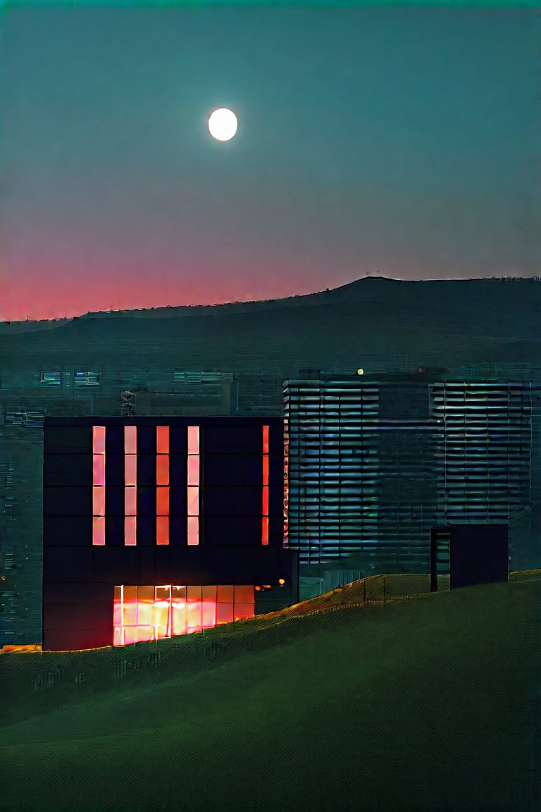 a huge hilly field covered with grass with partially clayey inclusions, green and brown boxes are visible very far away, also behind the hills narrow black skyscrapers with white windows with a yellowish tint are visible, green and brown boxes are visible far away, a dimly lit and dull black building with an orangish glow from sunset, you can see a small white bright advertisement with incomprehensible outlines, black skyscrapers with light yellow windows topped with metal structures standing right in the middle of the field reflect the light of the moon, in the distance you can see small two-story buildings with very small windows and a chimney, a little closer near the skyscrapers you can also see small two-story buildings buildings with very small windows and a chimney, not all skyscrapers are topped with metal structures, the sky on the horizon is from dark red to yellowish which sees off the departing sun, the moon is on the opposite side, the sky is soft blue topped by the moon on the opposite side of the sun, and a few stars, clouds light white very transparent barely visible,