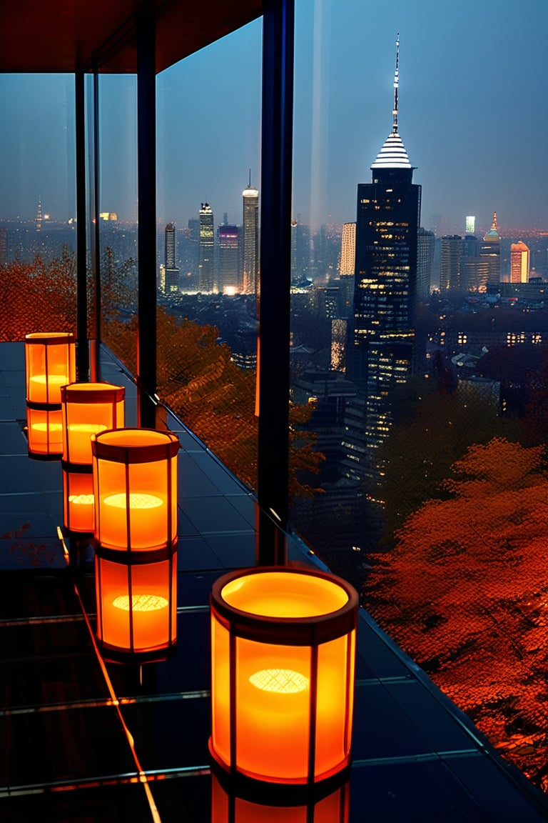 Night, autumn, view from the roof of a skyscraper, skyscrapers with orange windows, lanterns illuminate the foliage of trees and are reflected in the glass of skyscrapers