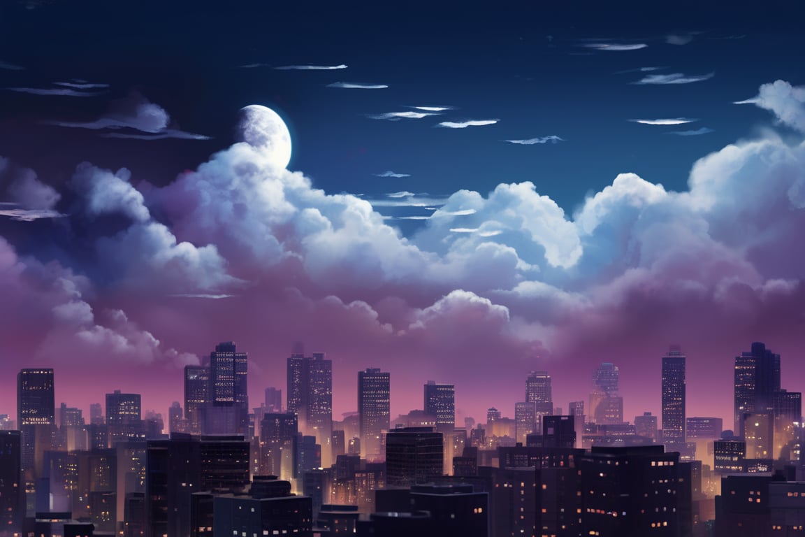 night, cloud lumened by city, bright moon, dark-gray-purple sky; sky scrapers square and rectangular skyscrapers with white frequent square windows, shades of skyscraper windows: dark blue, dark turquoise. The roofs of skyscrapers from dark squares or illuminated with a dim blue border,