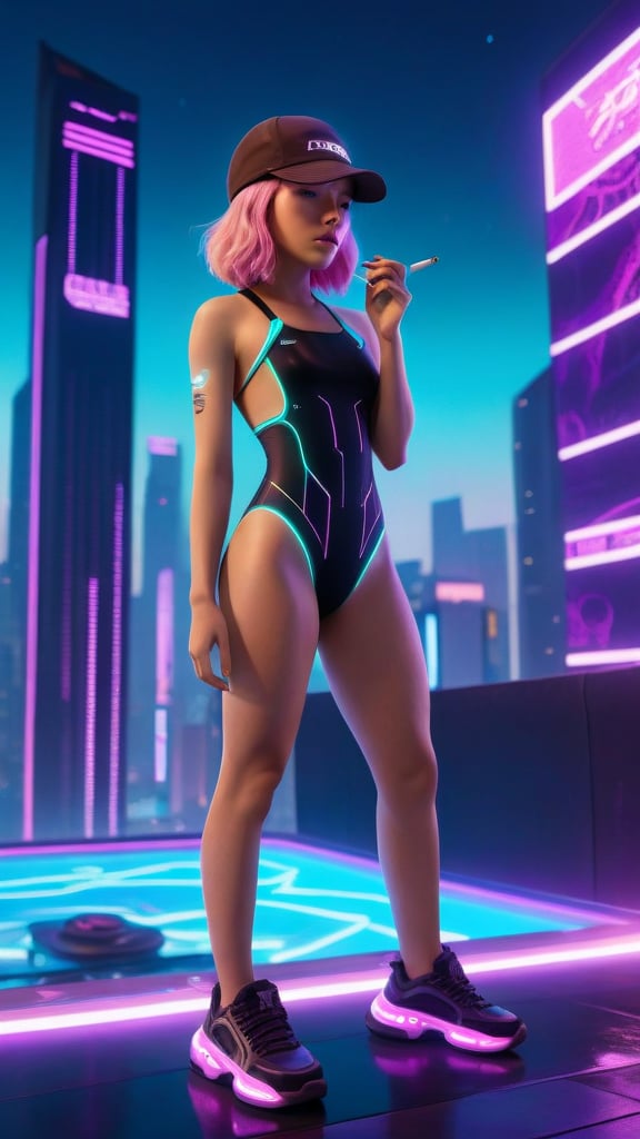 a girl with pink shoulder-length hair in a brown cap smoking a wipe is dressed in a black bodysuit swimsuit the seams of which are illuminated at the edges by purple and turquoise diodes on her white sneakers, around a futuristic city