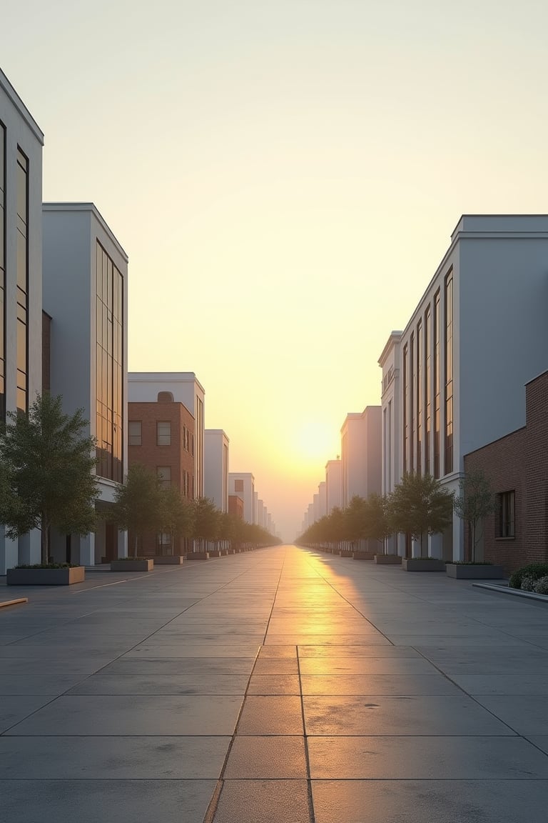 a huge empty asphalt square in the distance one can see massive but not tall rectangular white buildings with narrow black windows, nearby there are smaller rectangular buildings made of brick with square windows and a concrete canopy on the roof, next to them there are not tall trees, a white rectangular building with white edging and large windows, near the buildings you can also see small brick extensions without windows, just in the distance and as if in miniature you can see rectangular buildings with wide large rectangular black windows and white buildings lower but wide with very small black square windows, next to different rare trees are visible behind the buildings, behind all the buildings the yellow sun rises, but it does not dazzle and seems to be in a haze, but all this is as if in the distance and creates the opportunity to examine it all as a whole, and the viewer stands in the middle of perfectly smooth asphalt