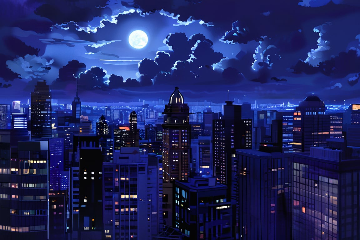 night, cloud lumened by city, bright moon, dark-gray-purple sky; sky scrapers square and rectangular skyscrapers with white frequent square windows, shades of skyscraper windows: dark blue, dark turquoise. The roofs of skyscrapers from dark squares or illuminated with a dim blue border,