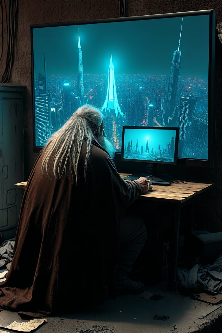 A homeless person who sits at a wooden table in front of a square black monitor and it generates images of a futuristic city, there is a dark system unit on the floor, he has long gray hair with a gray beard of about 55 years old, he is dressed in a dark brown wizard's cape, the environment is a typical homeless person's home, a semi-dump, in the open wall you can see a bright futuristic night city.