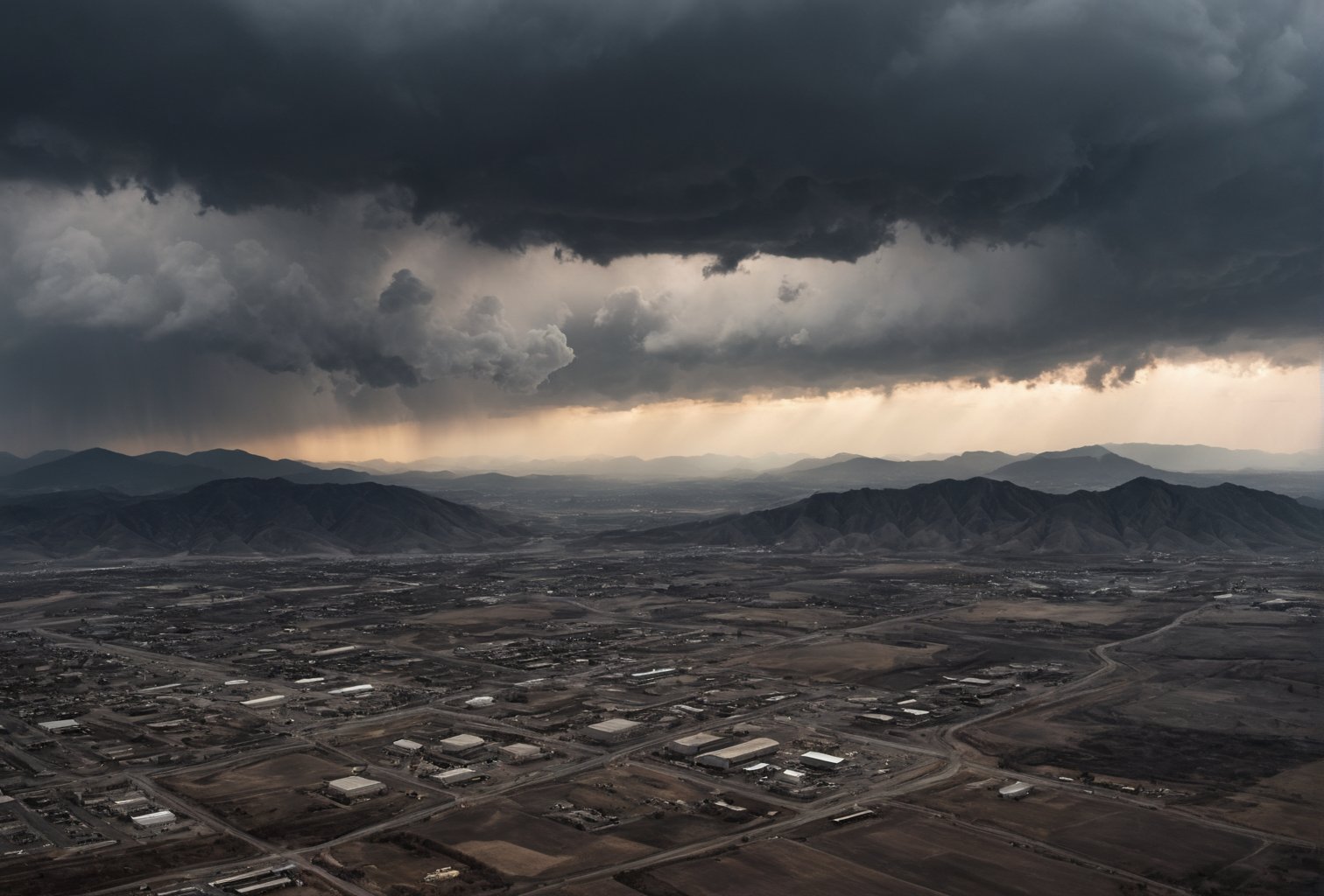 In the foreground, there is a thick layer of gray clouds that fill the sky, casting a dark and ominous mood. These clouds are artistically illuminated in a deep red color from above, creating a striking contrast against the gray backdrop. Centered in the sky is a small but radiant golden sun, its warm glow trying to break through the darkness of the clouds.

As your eyes travel further, you notice a series of gray mountains on the horizon. Among these mountains, scattered in the landscape, you can spot power plants and industrial buildings peeking out, their structures adding an element of human intervention to the natural scenery. Some are nestled amidst the closer gray mountains, while others dot the black mountains further away, blending into the rugged terrain.

This imagery creates a juxtaposition between the beauty of nature with the harsh realities of industrialization, highlighting the coexistence of natural landscapes and human development in a visually striking way.