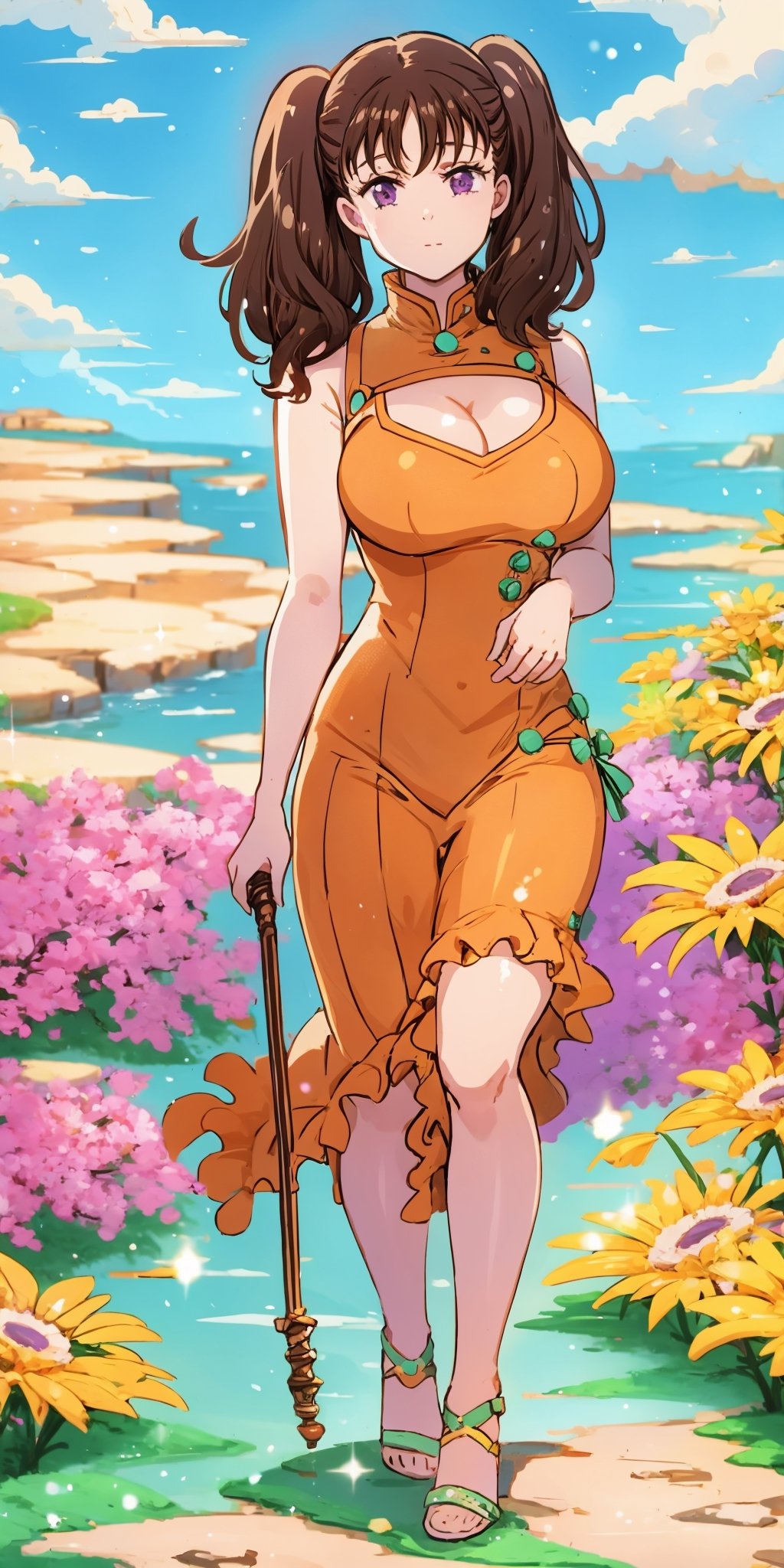 Diane, twintails, brown hair, purple eyes, Clevage. Green hills in her background.
king on her shoulder