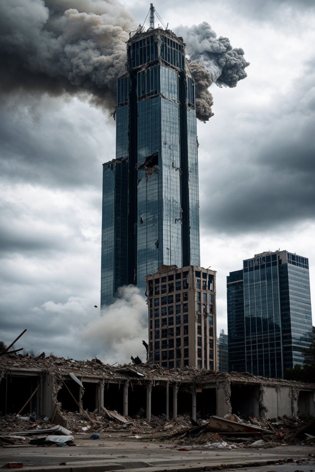 a post apocalyptic city, destroyed buildings, skyscrapers, overcast, buildings collapsing

pov sky