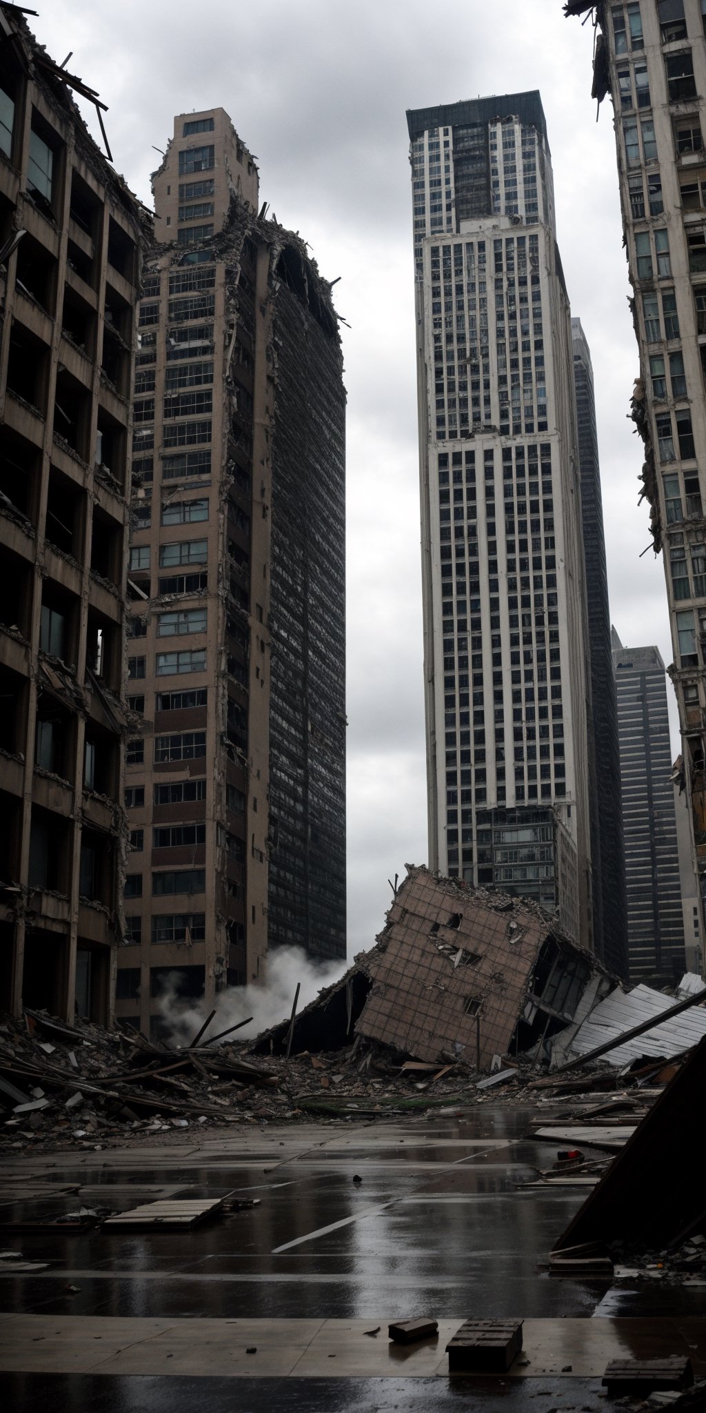 a post apocalyptic city, destroyed buildings, skyscrapers, overcast, buildings collapsing, dark and gloomy

pov sky