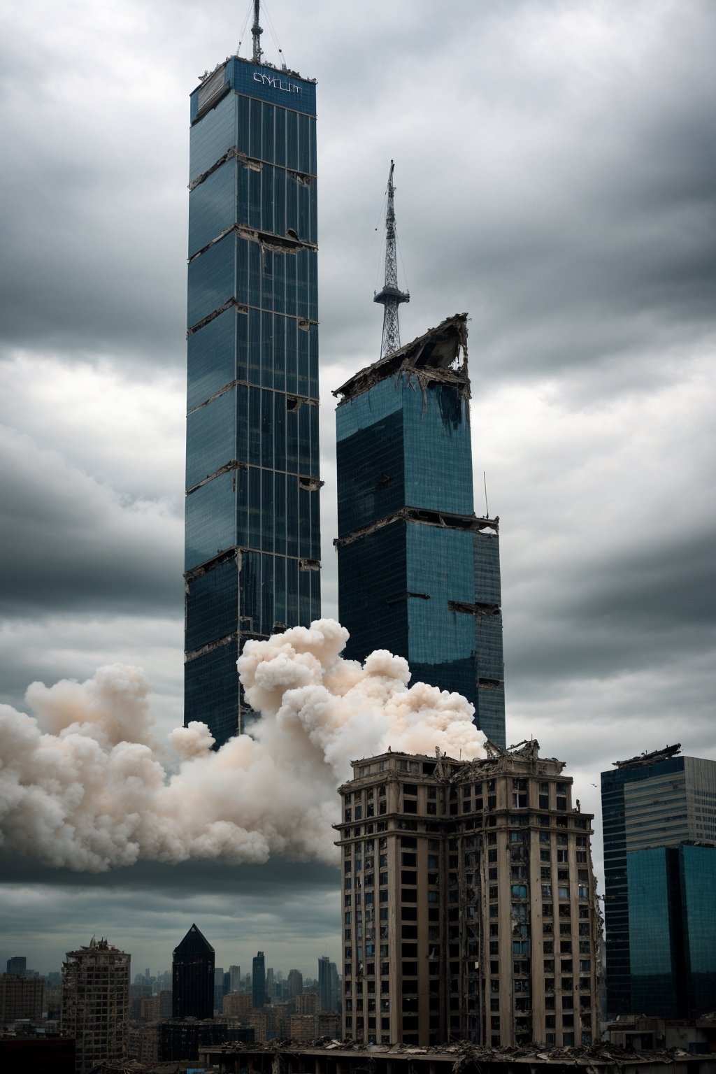 a post apocalyptic city, destroyed buildings, skyscrapers, overcast,

pov sky