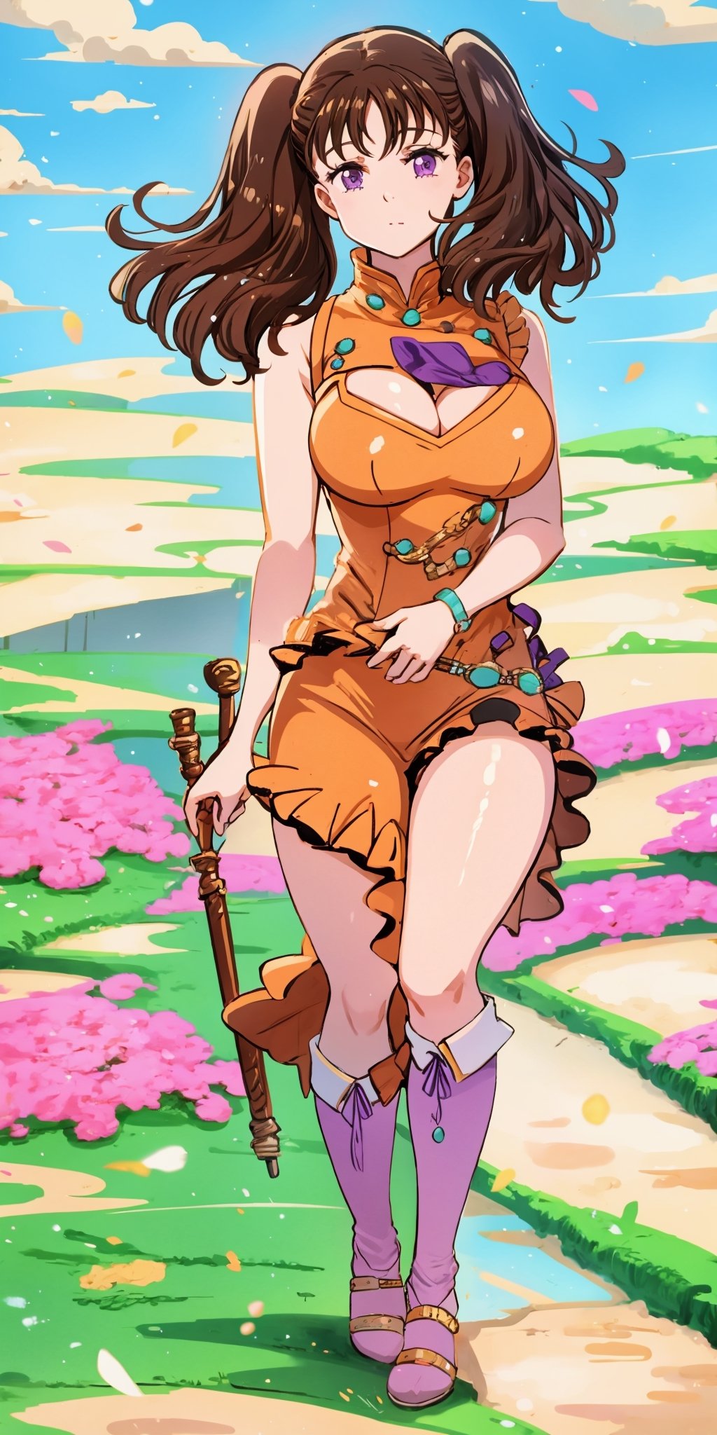 Diane, twintails, brown hair, purple eyes, Clevage. Green hills in her background.
