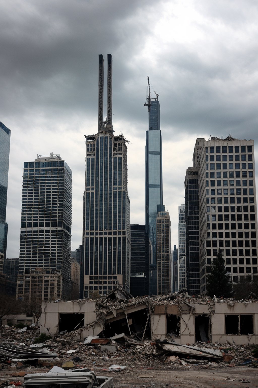 a post apocalyptic city, destroyed buildings, skyscrapers, overcast,

pov sky