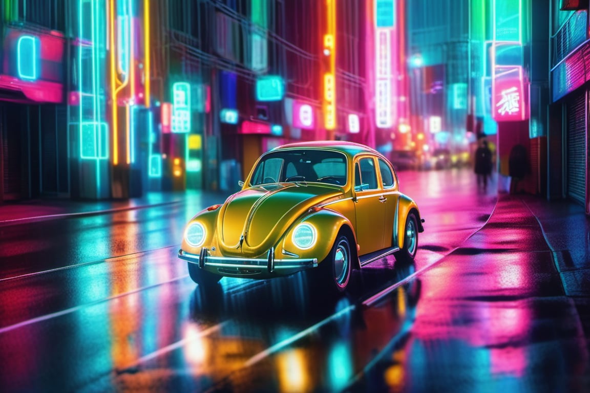 A canary yellow #fffd01 Volkswagen Beetle, with no lights attached to the body,  cruises down a rain-soaked Japanese city street in Osaka, at dusk, cyber, headlights casting a warm glow. and the cars Exact reflection on the wet road, as red, green, blue, and white neon lights attached to side of the towering skyscrapers also reflect off the dark and wet asphalt road,  , while the neon lights from shops along the road illuminate the street, nlgtstyle,cyber,NeonLG