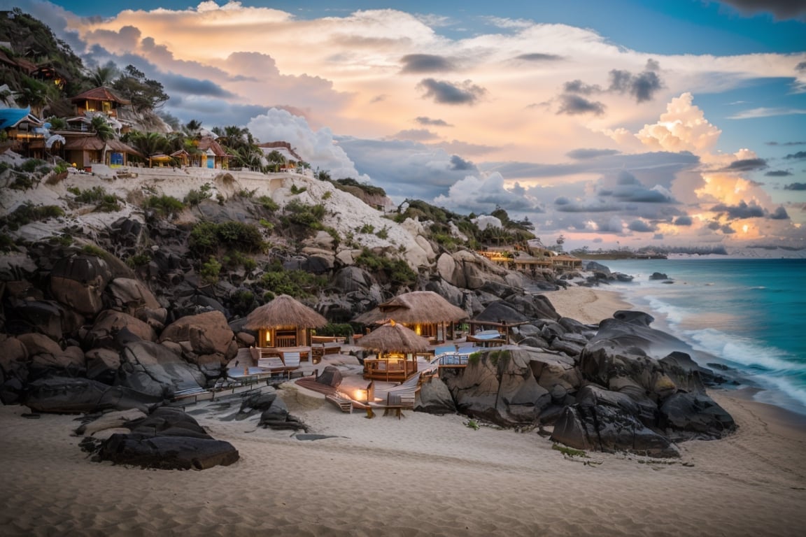 architecture, beach resort, vine, trees, cloud, sunset, vivid colours, sky, masterpiece,best quality,super detailed,realistic,photorealistic, 8k, sharp focus, a photo of a building day light, sun, cloud, RAW Photo, RAW texture, Super Realistic, 32K UHD, DSLR, soft lighting, high quality, film rating, Fujifilm XT3,Masterpiece