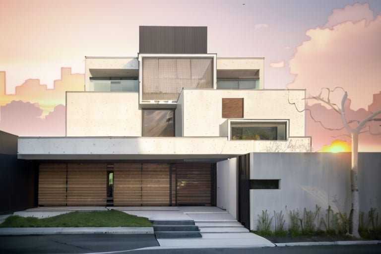 a view of a modern townhouse, main material by white wall and stone and wood,3rd corner house,standing wooden slats, glass railing,iron column I, 1 road runs in front of the house, (RAW photo, real, best quality, masterpiece:1.2), look morden minimalist, 1 road in front of the house, shime ring light, light brighteness from indoor:1.2, dynamic lighting:1.3, (hyper realistic, photo-realistic:1.2), high quality, day lighht, archdaily, award winning contemporary, contemporary masterpiece, well-designed masterpiece, neotraditional modern, midcentury modern, contemporary house, hip modern vibe, a long-shot from front, award winning modern design, stunning lines, residential, subtle detailing,Green tree in front of the house, (((sunset light))),house in residential area, ((white wall), (light inside the house)
