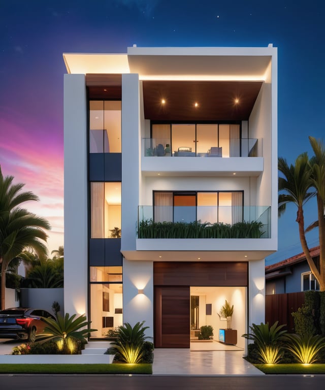 (best quality, masterpiece, high_resolution:1.5),Ultra-realistic 8k, hd image quality, sharp detail, 2-story modern house, main materials: white walls, wooden ceiling accents, large glass windows, roads, cars, sidewalks, American Palm trees high, has a small alley, located in a residential area, modern style, shimmering sky, sunset light, feels peaceful, beautiful, close and warm, ((Warm light from indoor:1.3)), (daylight:1.2), perfect lighting,dynamic light,2 large glass doors,((1 large glass window:1.3)), (night light), (colorful flowers in front of the house). Night light from lamps and moon,modern style roof,Wonder of Art and Beauty.