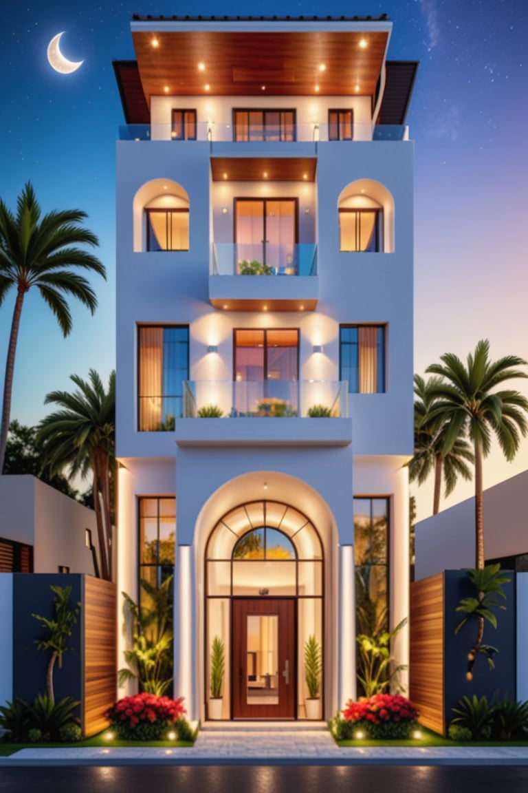 (best quality, masterpiece, high_resolution:1.5),Ultra-realistic 8k, hd image quality, sharp detail, 2-story modern house, main materials: white walls, wooden ceiling accents, large glass windows, roads, cars, sidewalks, American Palm trees high, has a small alley, located in a residential area, modern style, shimmering sky, sunset light, feels peaceful, beautiful, close and warm, ((Warm light from indoor:1.3)), (daylight:1.2), perfect lighting,dynamic light,2 large glass doors,((1 large glass window:1.3)), (night light), (colorful flowers in front of the house). Night light from lamps and moon,modern style roof,Wonder of Art and Beauty.