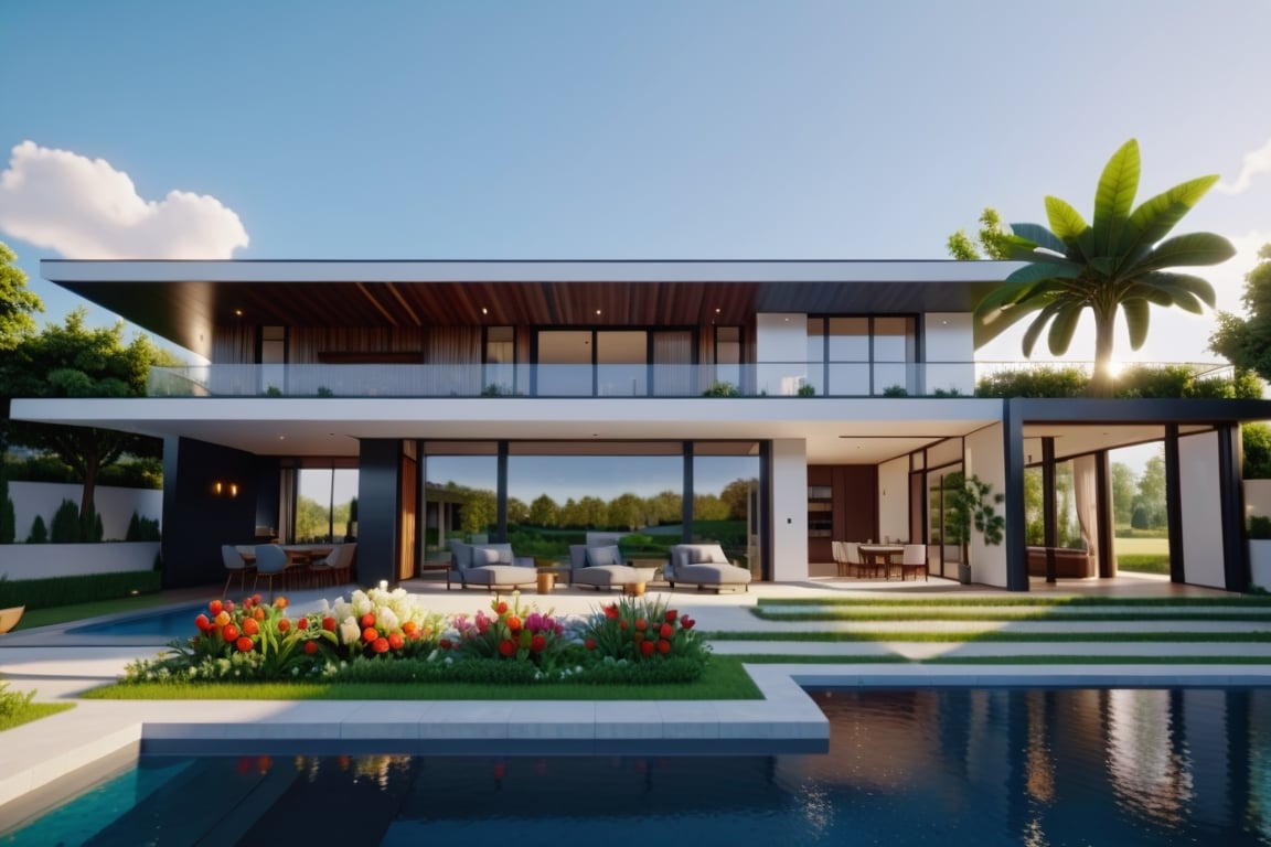 (masterpiece),(high quality), best quality, real,(realistic), super detailed, (full detail),(4k),8k,modern house exterior design,Modern architecture,Beautiful_sky,Day light, no_humans, outdoors,sky,tree,pool,Garden flower front of building,