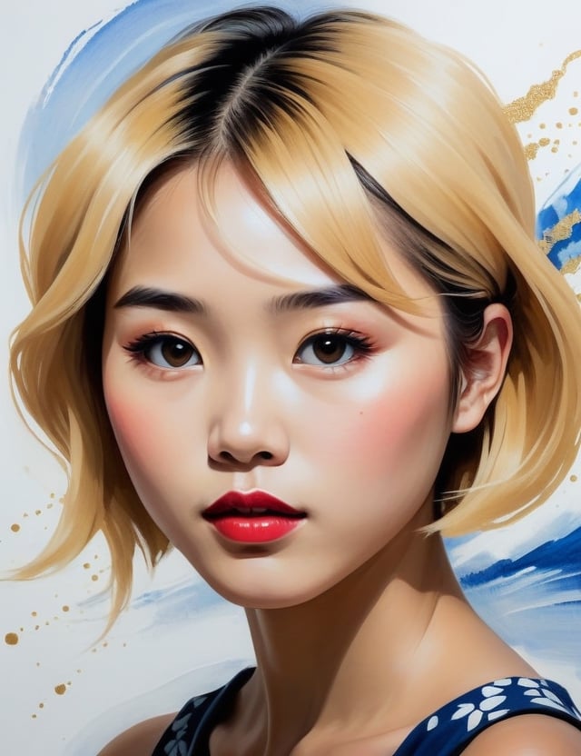 "Create an expressive guache canvas artwork using a brush, portraying a 15-year-old Asian girl. Embrace an expressive guache technique inspired by artists like Hokusai, Yayoi Kusama, and Sesshū Tōyō. Utilize a soft color palette to capture the subtleties of her white skin tone and the defined texture of her short, blonde hair in a close-up view of her face. Convey an intimate and expressive atmosphere through the dynamic application of guache."

