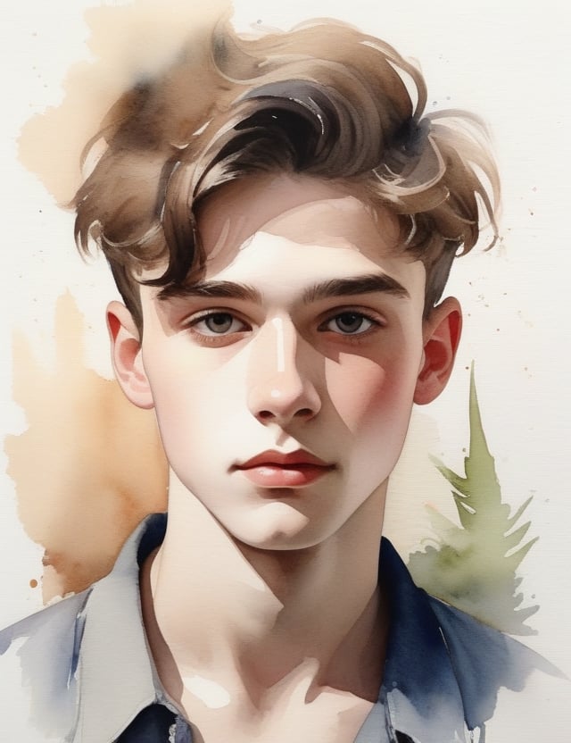 "Create an elegant watercolor canvas artwork, portraying a 17-year-old French young man. Embrace the watercolor medium inspired by artists like Paul Cézanne, Henri Matisse, and Jean-Baptiste-Camille Corot. Use subtle tones to capture the nuances of his white skin tone and the texture of his spiky, short hair in a close-up view of his face. Convey an intimate and expressive atmosphere through the delicate application of watercolors."

