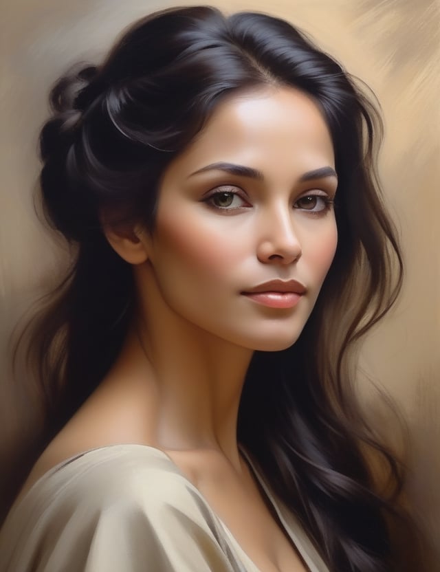 "Compose a tranquil canvas artwork using a brush and calming colors, portraying a 50-year-old Russian woman. Employ soft brushstrokes and a serene color palette inspired by artists like Ivan Kramskoi, Alexey Savrasov, and John Singer Sargent. Capture the timeless elegance of her caramel skin tone and long, black hair in a close-up view of her face. Convey a sense of serenity and enduring beauty through the gentle application of colors."

